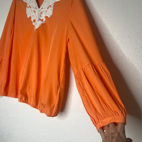 Chicos 2 Orange Blouse Womens L White Embellished Puff Long Sleeves Boho Casual - Picture 7 of 13